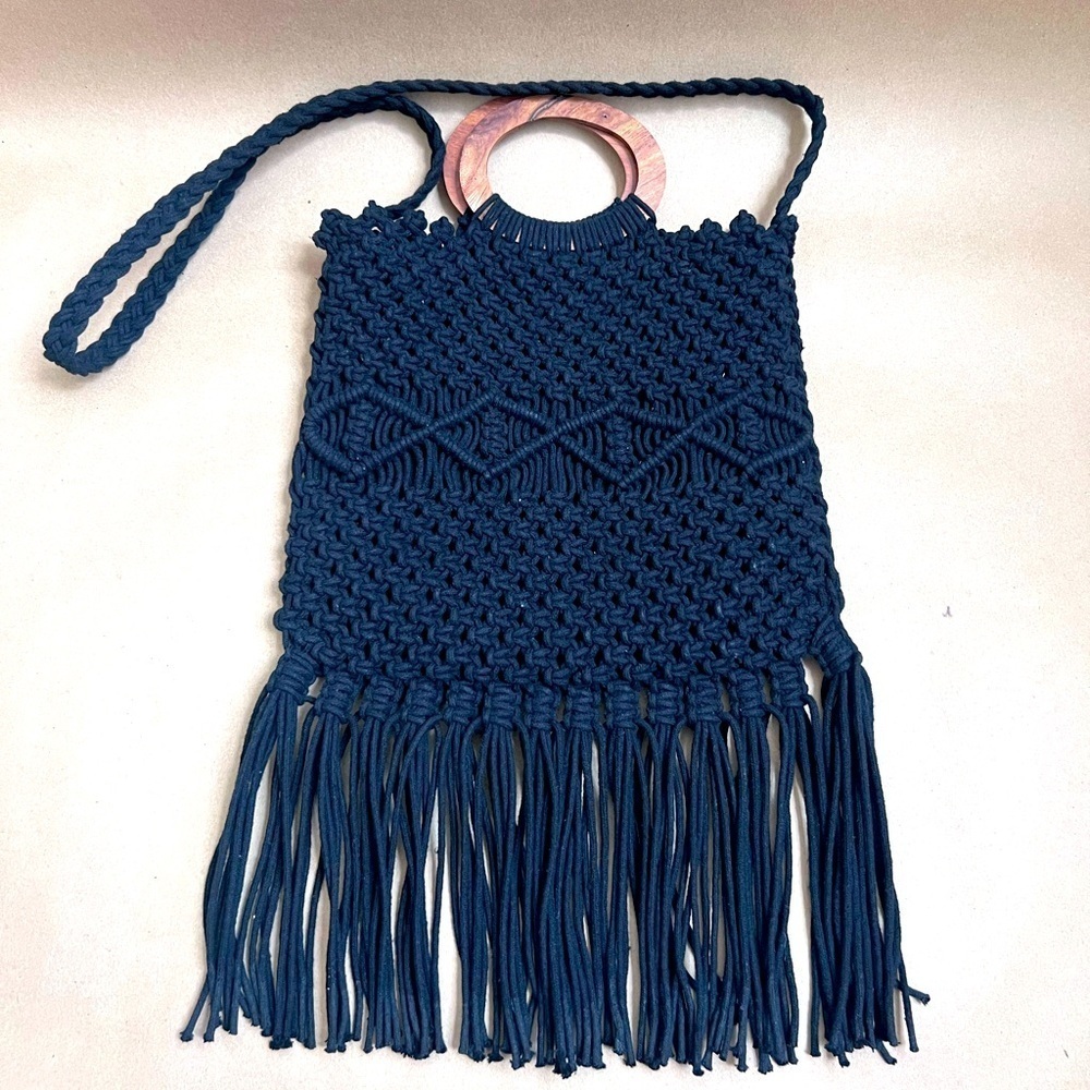 Danielle Nicole Black Macrame Fringe Crossbody Bag With Top Handle Medium Size